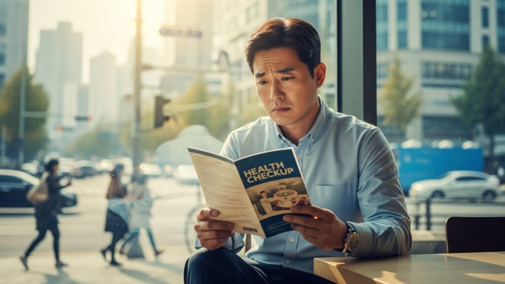 40대 한국인 남성이 건강 검진 안내 책자를 바라보며 걱정스럽지만 단호한 표정을 짓고 있습니다. 배경에는 바쁜 도시 생활의 은은한 분위기가 감돌고 있는데, 이는 건강과 일의 균형을 맞추는 어려움을 상징합니다.