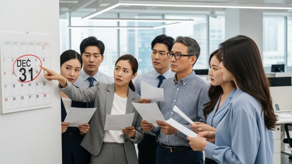 30대에서 50대 사이의 다양한 연령대의 한국 직장인들이 건강 검진표를 들고 "12월 31일"이라고 동그라미 친 달력을 보고 있습니다. 그들은 마감일이 얼마나 촉박한지 이야기하는 듯하며, 몇몇은 다소 걱정스러운 표정을 짓고 있습니다. 배경은 현대적인 사무실입니다.