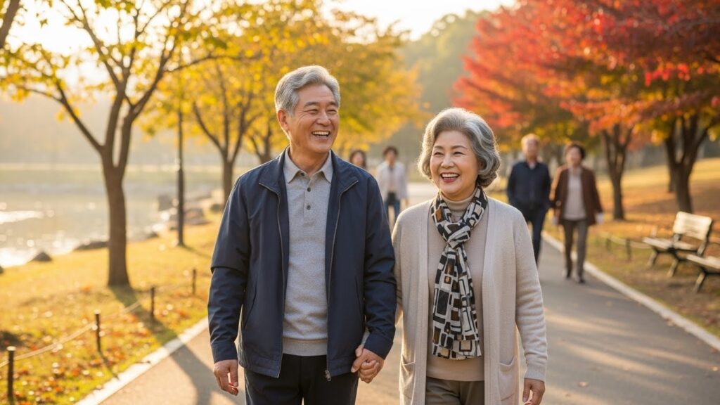 건강하고 웃는 얼굴로 야외 산책을 즐기는 한국인 노부부의 따뜻하고 친근한 이미지는 건강한 노화와 예방 건강의 중요성을 상징합니다.