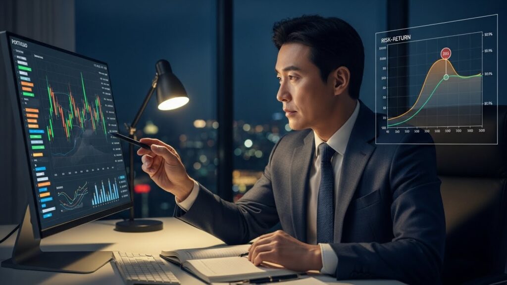 한국인 투자자가 포트폴리오 차트와 위험-수익률 곡선을 보며 신중하게 분석하는 모습, 균형 잡힌 투자 전략을 시사하는 이미지.