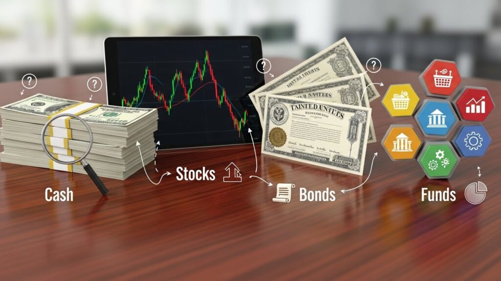 다양한 투자 상품(현금 다발, 주식 차트, 채권 증서, 펀드 아이콘)이 한데 모여 있는 모습, 입문자가 각 상품을 비교하며 이해하는 시각적 표현.