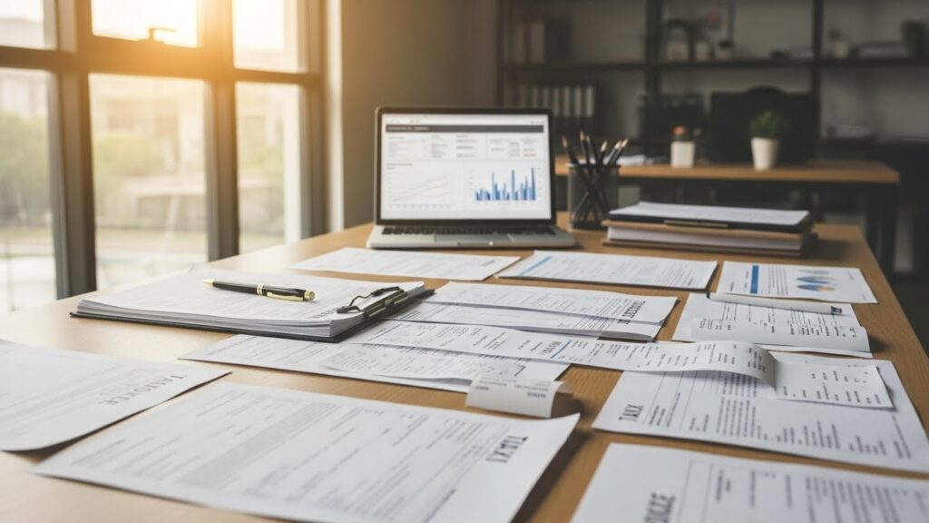 한국인 남녀가 세금 계산서와 서류를 앞에 두고 전문 세무사와 상담하며 절세 전략을 논의하는 모습, 밝은 표정으로 미래를 계획하는 긍정적인 분위기.