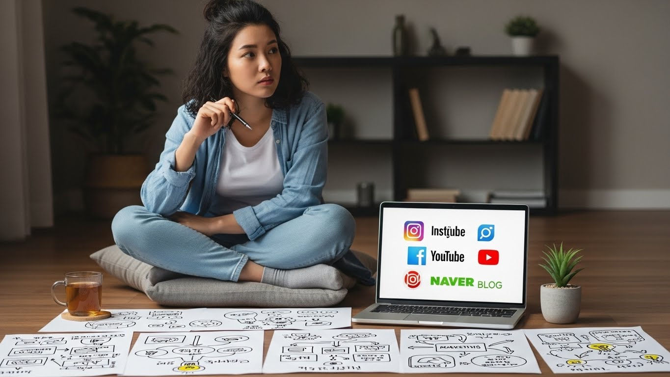 한 한국인 여성이 노트북 앞에 앉아 여러 SNS 로고(인스타그램, 유튜브, 네이버 블로그)가 띄워진 스크린을 보며 진지하게 고민하는 모습. 주변에는 다양한 아이디어 스케치와 메모가 흩어져 있다.