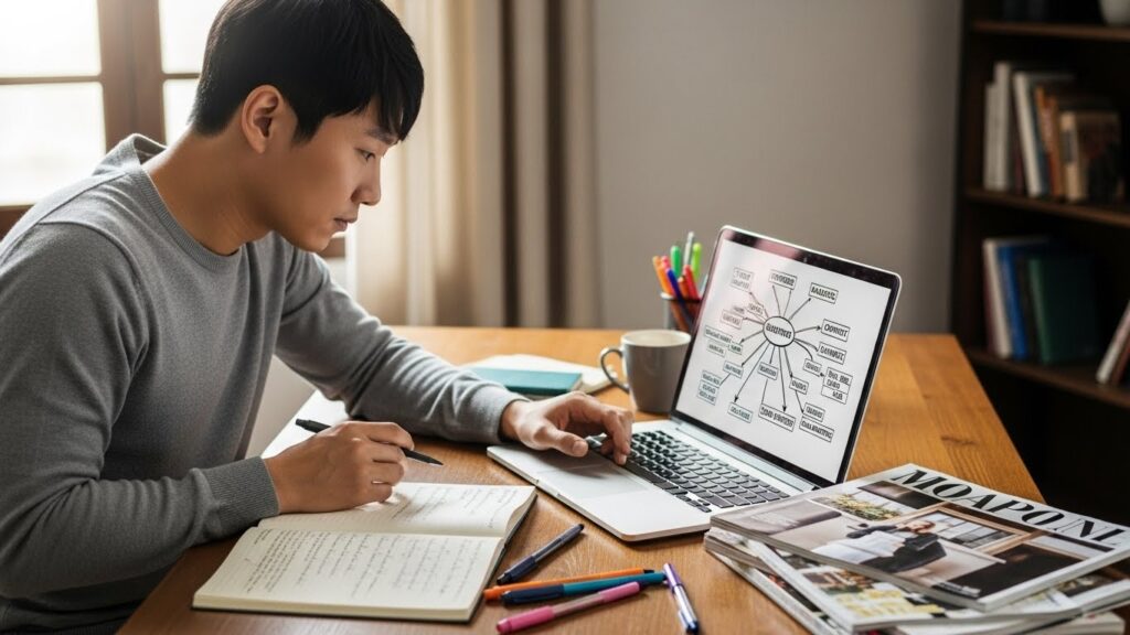 한 한국인 남성이 노트북 앞에 앉아 마인드맵 형태로 콘텐츠 아이디어를 구상하고 있는 모습. 스크린에는 '키워드 분석', '타겟 독자', '콘텐츠 주제' 등의 글자들이 보이며, 주변에는 펜과 노트, 영감을 주는 잡지들이 놓여 있다.