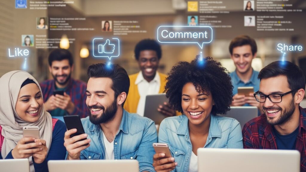 다양한 국적의 사람들이 노트북과 스마트폰을 들고 서로 웃으며 소통하는 모습. 화면에는 좋아요, 댓글, 공유 아이콘들이 떠다니고, 배경은 블로그와 SNS 피드처럼 디자인되어 있다. 활기차고 긍정적인 분위기.