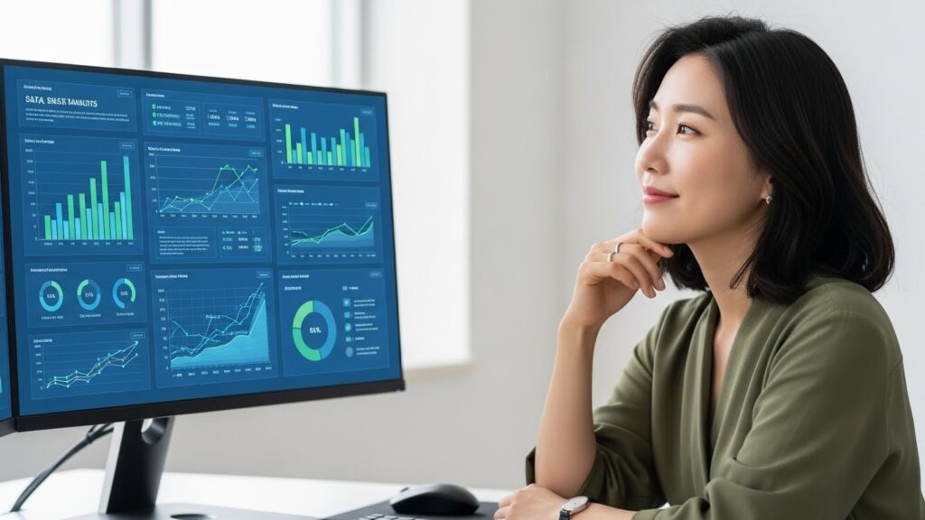 한 한국인 여성이 컴퓨터 화면의 그래프와 분석 데이터를 보며 만족스러운 표정을 짓고 있다. 그녀 주변에는 다양한 디지털 기기와 함께 '지속 가능성', '데이터 분석', '개인 정보 보호' 등의 키워드를 나타내는 아이콘들이 떠다닌다.
