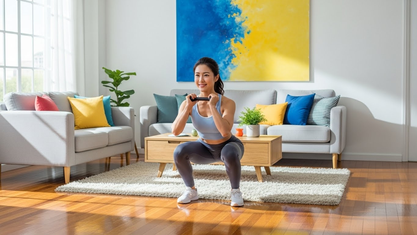 활기차고 현대적인 거실에서 20대 후반의 한국 여성이 완벽한 자세로 체중 스쿼트를 하며 자신감 넘치는 미소를 짓고 있다. 창문으로 쏟아지는 햇살이 그녀를 비춘다.