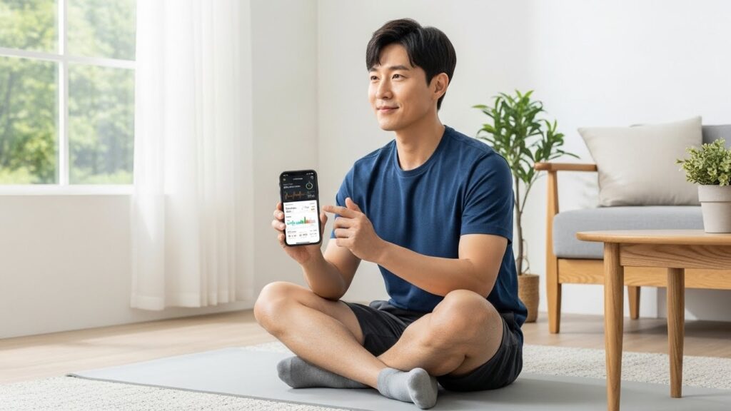 20~30대 한국 남성이 스마트폰의 피트니스 추적 앱을 꼼꼼히 살펴보고 있습니다. 앱에는 자신의 운동 진행 상황이 그래프로 표시되어 있습니다. 그는 깔끔한 집안에서 요가 매트에 앉아 의욕에 찬 표정을 짓고 있습니다.