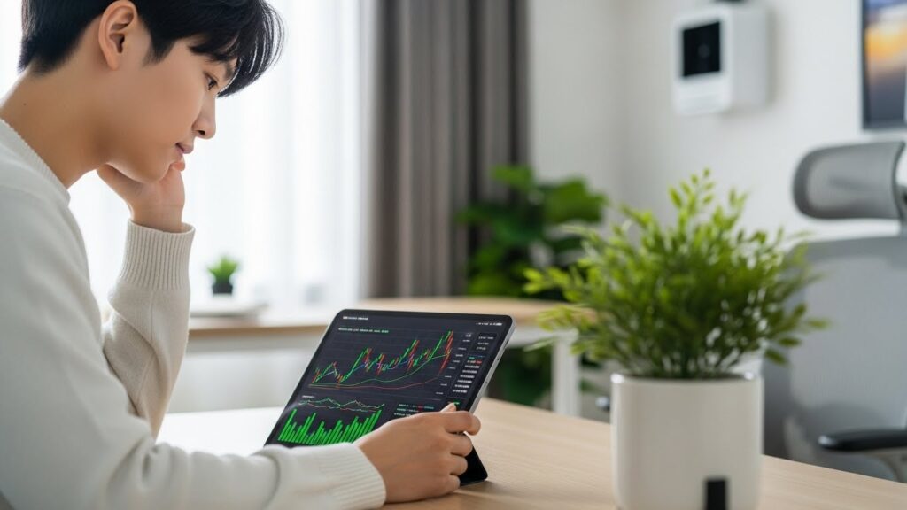 한국인(젊은 성인)이 재무 차트가 표시된 태블릿을 생각에 잠긴 듯 바라보고 있습니다. 책상 위에는 성장과 미래를 상징하는 작은 식물이 놓여 있습니다. 배경은 깔끔하고 현대적인 홈 오피스입니다.