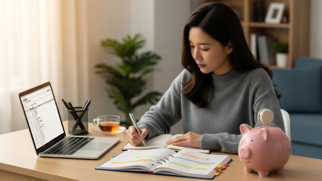 노트북과 랩탑에 예산을 꼼꼼하게 정리하고, 책상 위에는 돼지 저금통과 재정 계획서를 펼쳐 놓은 한국 여성이 체계적인 재정 계획과 저축을 상징합니다.