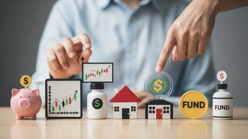 다양한 금융 상품을 간단한 아이콘(돼지 저금통, 주식 차트, 집, 펀드 기호)으로 표시하여 테이블 위에 깔끔하게 정리하고, 손 모양이 그 상품을 가리키도록 하여 초보자가 쉽게 선택하고 이용할 수 있도록 했습니다.