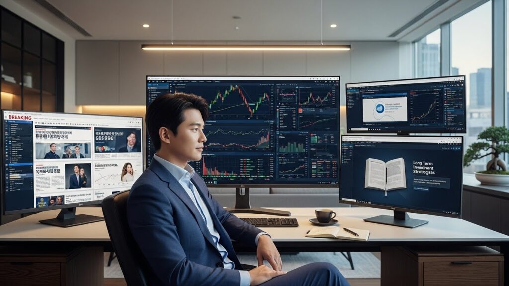 자신감 넘치고 차분해 보이는 한국인이 다양한 투자 포트폴리오와 뉴스를 표시하는 여러 화면을 검토하고 있으며, 현대적인 사무실 환경에서 지속적인 학습과 장기 전략을 강조하고 있습니다.