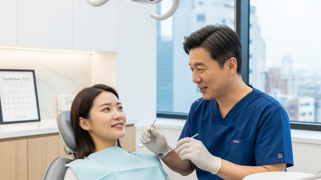 치과 의자에 앉아 차분하게 스케일링 시술을 받고 있는 한국인 여성. 역시 한국인인 치과의사가 시술 과정을 친절하게 설명하고 있다. 병원 내부는 깔끔하고 현대적이다. 배경에는 2025년 12월을 은은하게 보여주는 달력이 걸려 있다.