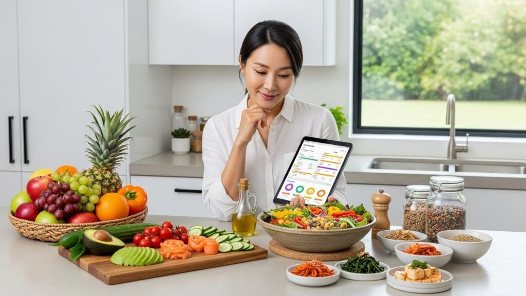 신선하고 다채롭고 건강한 다양한 음식들이 모던한 주방 조리대에 예술적으로 차려져 있습니다. 한 한국 여성이 태블릿으로 영양 앱을 꼼꼼히 살펴보고 있는데, 이는 현명하고 현명한 식단 관리를 상징합니다.
