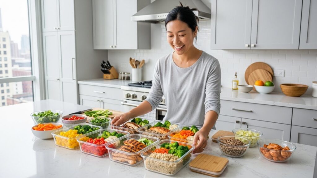 현대적이고 깔끔한 주방에서 한 한국인이 미리 조리된 음식을 투명한 용기에 담아 즐겁게 정리하고 있습니다. 채소, 살코기, 통곡물 등 다양한 건강 식재료가 눈에 띄어 효율적인 식사 계획을 보여줍니다.