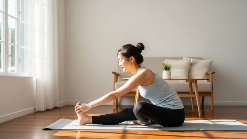밝고 미니멀한 거실에서 자연광이 쏟아지는 가운데, 평온한 한국 여성이 부드러운 요가를 하거나 스트레칭을 하는 모습은 정신적, 신체적 웰빙을 상징합니다.