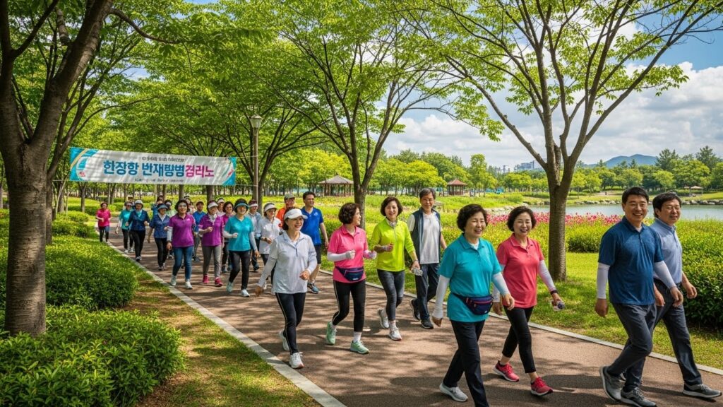 다양한 연령대의 쾌활한 한국인들이 아름다운 공원에서 지역 사회 건강 산책에 참여하고 있습니다. 이는 장기적인 건강 습관과 지역 사회의 지원을 상징합니다.