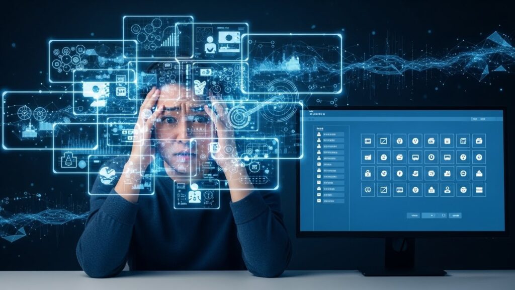 여러 개의 디지털 화면과 아이콘이 겹쳐져 디지털 혼란을 상징하는 모습에 압도된 듯한 한국인이 다른 모니터의 차분하고 정돈된 화면과 대조를 이룬다. 배경에는 미래적인 디지털 요소가 담겨 있다.