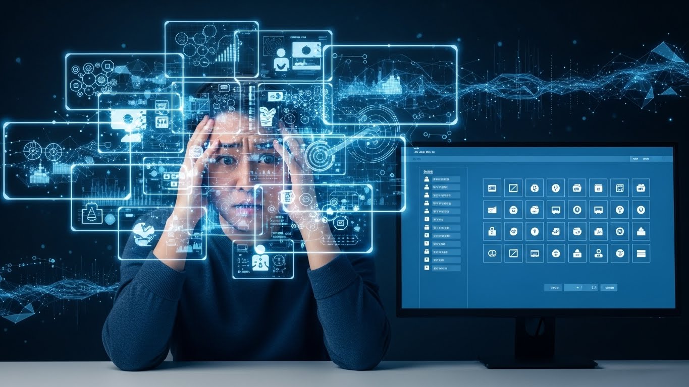 여러 개의 디지털 화면과 아이콘이 겹쳐져 디지털 혼란을 상징하는 모습에 압도된 듯한 한국인이 다른 모니터의 차분하고 정돈된 화면과 대조를 이룬다. 배경에는 미래적인 디지털 요소가 담겨 있다.