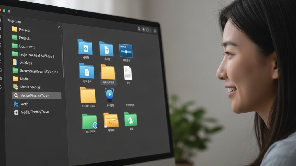 컴퓨터 화면에 깔끔하게 정리된 디지털 폴더 구조가 보입니다. 명확한 명명 규칙과 색상으로 구분된 아이콘이 있으며, 차분한 한국인이 정리된 화면을 보고 미소 짓고 있습니다. 화면에는 계층적 파일 시스템이 표시됩니다.