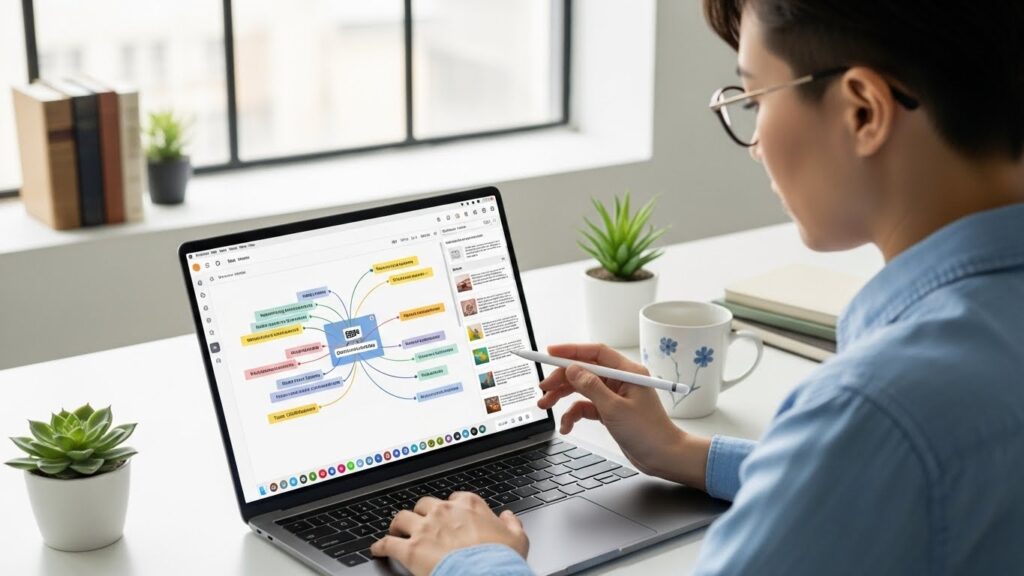 Notion이나 Obsidian과 같은 최신 노트 작성 앱으로 태블릿이나 노트북을 활발하게 활용하여 노트를 정리하는 한국인. 마인드맵이나 연결된 노트가 선명하게 보여 효율적인 정보 관리를 보여줍니다. 밝고 현대적인 사무실이나 서재가 배경이 됩니다.