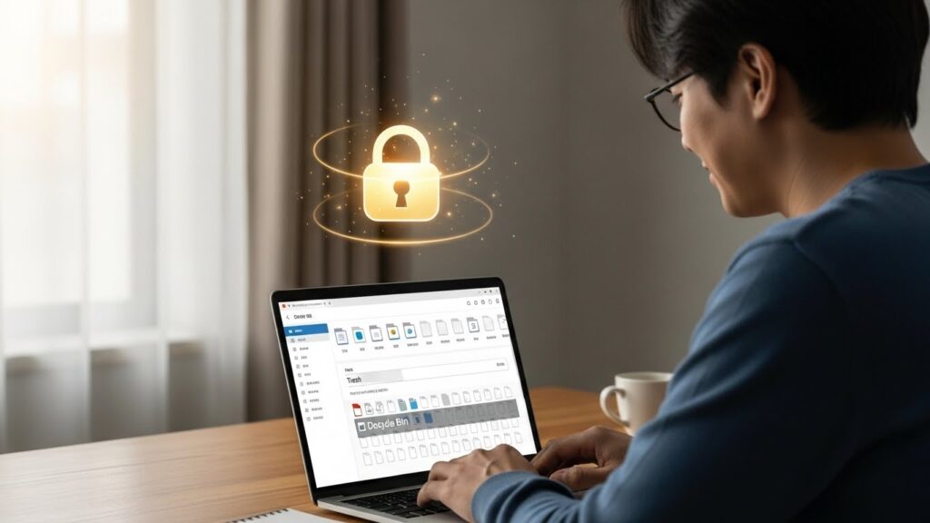 한국인이 노트북에서 디지털 정리 작업을 하고 있다. 클라우드 스토리지 인터페이스에서 불필요한 파일을 삭제하고 있다. 화면 위에는 강화된 보안과 마음의 평화를 상징하는 튼튼한 자물쇠 아이콘이 떠 있다. 그는 집중하고 만족스러운 표정을 짓고 있다.