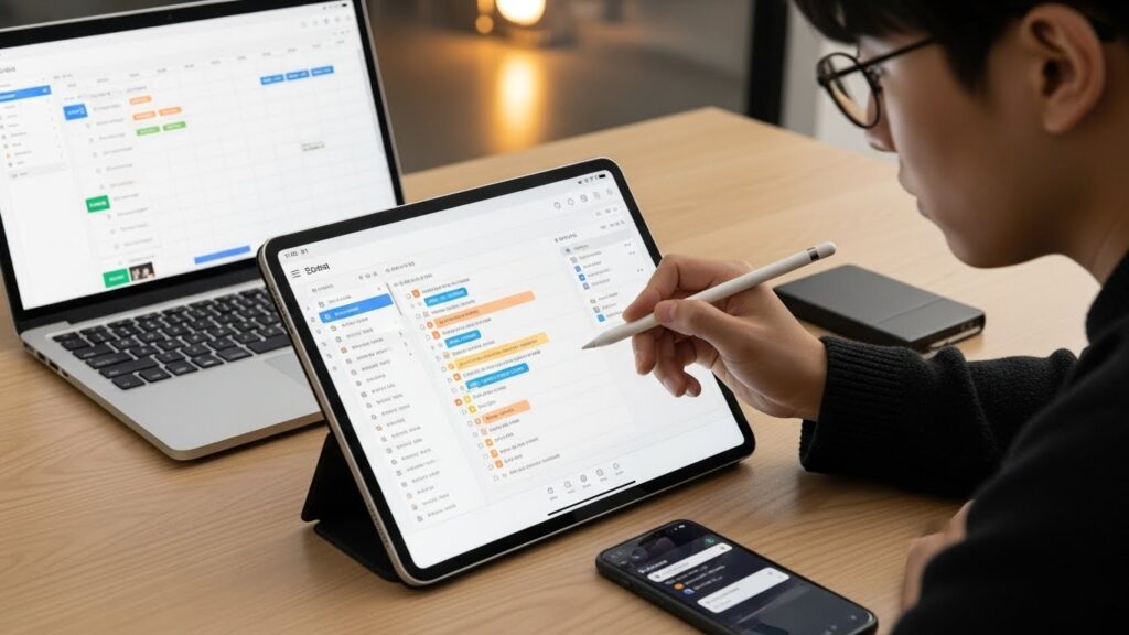 한 한국인이 스타일러스를 사용하여 태블릿에 디지털 노트를 효율적으로 정리하고 있습니다. 태블릿은 노트북, 스마트폰 등 다른 디지털 기기들로 둘러싸여 있습니다. 화면에는 깔끔하고 모던한 디자인의 잘 구성된 노트 필기 앱 인터페이스가 표시됩니다.