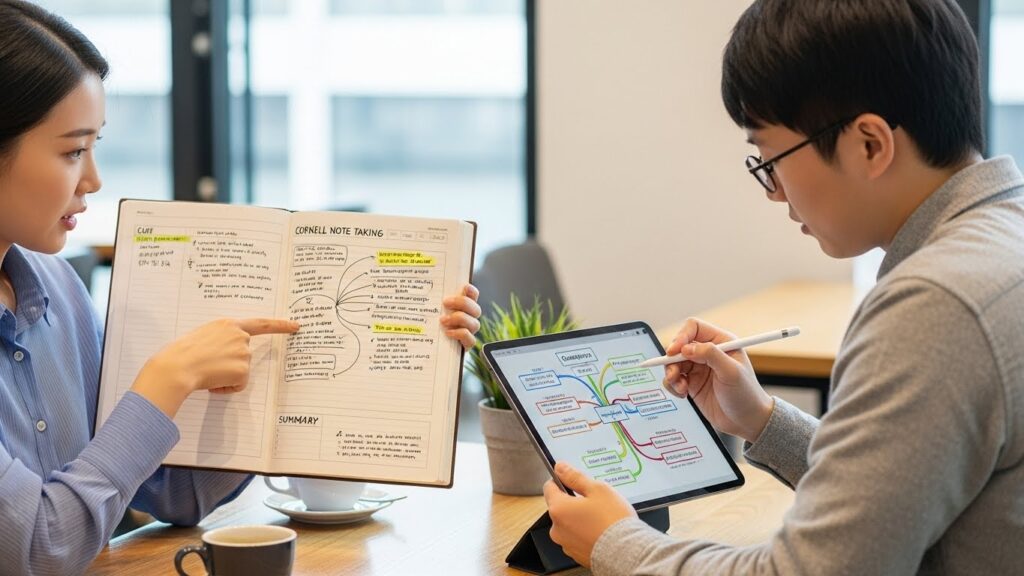 테이블에 앉아 있는 두 한국인. 한 명은 코넬 노트 필기 노트를 보여주고 있는데, 노트에는 명확하게 구분되어 있고, 다른 한 명은 아이패드에 다채로운 나뭇가지와 창의적인 아이디어를 나타내는 키워드가 있는 디지털 마인드맵을 그리고 있다.