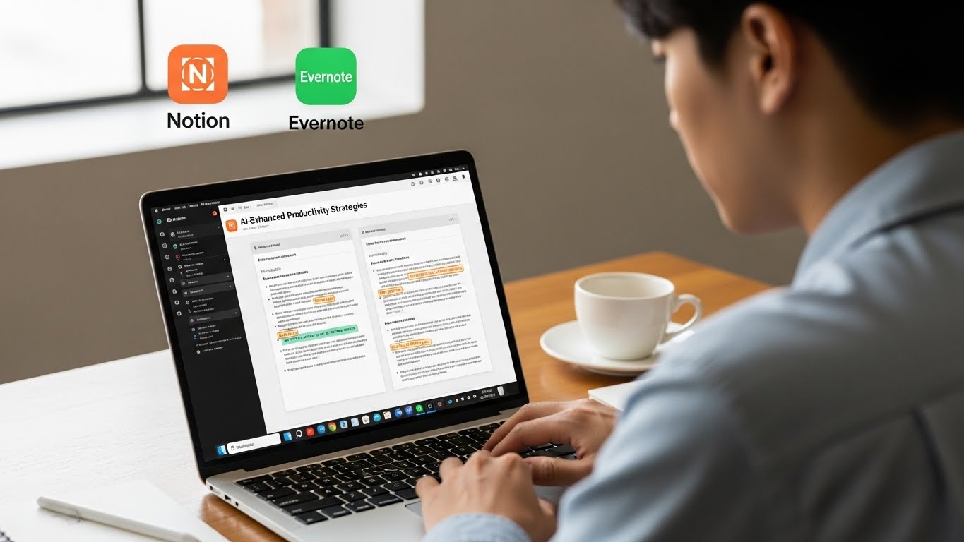 노트북 앞에 앉아 AI 기능이 통합된 다양한 디지털 노트 필기 앱(예: Notion, Evernote 아이콘이 화면에 표시됨)을 활발하게 사용하는 한국인 학생 또는 직장인. 화면에는 요약된 텍스트와 함께 깔끔하게 정리된 노트가 표시되어 생산성 향상을 보여줍니다.