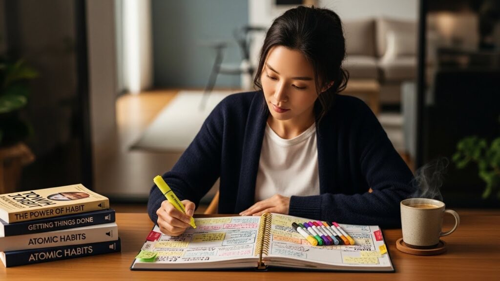 한 한국인 여성이 책상에 앉아 여러 색깔의 스티커와 마커로 복잡한 달력과 플래너를 보며 우선순위를 정하고 목표를 설정하는 모습. 주변에는 시간 관리 관련 서적과 커피 한 잔이 놓여 있다.