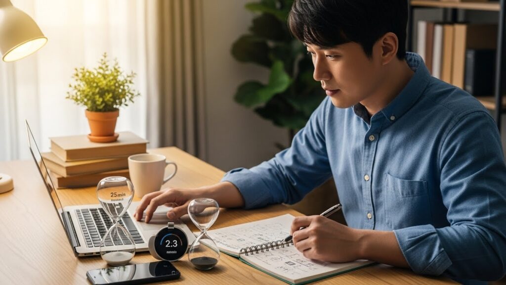 한 한국인 남성이 책상에 앉아 25분 모래시계를 옆에 두고 노트북과 종이 노트를 활용해 집중적으로 작업하는 모습. 주변에는 타이머 앱이 실행된 스마트폰이 보인다.