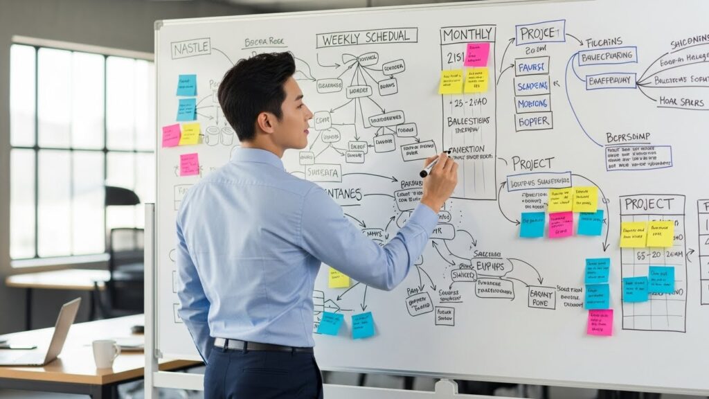 한 한국인 직장인이 넓은 화이트보드에 주간 및 월간 일정을 마인드맵 형태로 그려나가며 복잡한 프로젝트를 시각적으로 정리하고 있다. 다양한 색상의 마커와 포스트잇이 사용되고 있다.