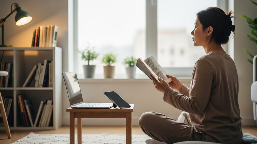 한 한국인 여성이 조용한 서재에서 책을 읽거나 명상하며 스마트폰과 노트북은 멀리 치워두고 디지털 디톡스를 실천하는 모습. 배경은 아늑하고 차분한 분위기이다.