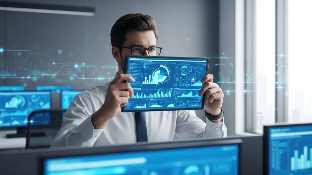 그래프와 달력이 훤히 보이는 멀티스크린 화면을 뚫어지게 바라보는 한국인 직장인. 이는 현대 업무 환경의 복잡성을 잘 보여준다. 배경은 현대적이고 깔끔한 사무실 분위기에 은은한 디지털 요소가 가미되어 있다.