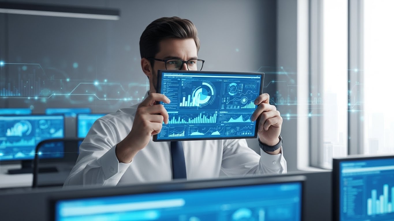그래프와 달력이 훤히 보이는 멀티스크린 화면을 뚫어지게 바라보는 한국인 직장인. 이는 현대 업무 환경의 복잡성을 잘 보여준다. 배경은 현대적이고 깔끔한 사무실 분위기에 은은한 디지털 요소가 가미되어 있다.