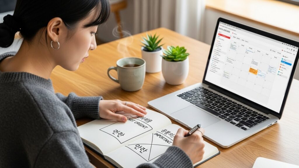 아이젠하워 매트릭스를 적용하여 노트북과 디지털 캘린더를 사용하여 업무를 긴급/중요 사분면으로 분류하는 한국 여성. 그녀의 표정에는 집중력과 정리 능력이 엿보인다.