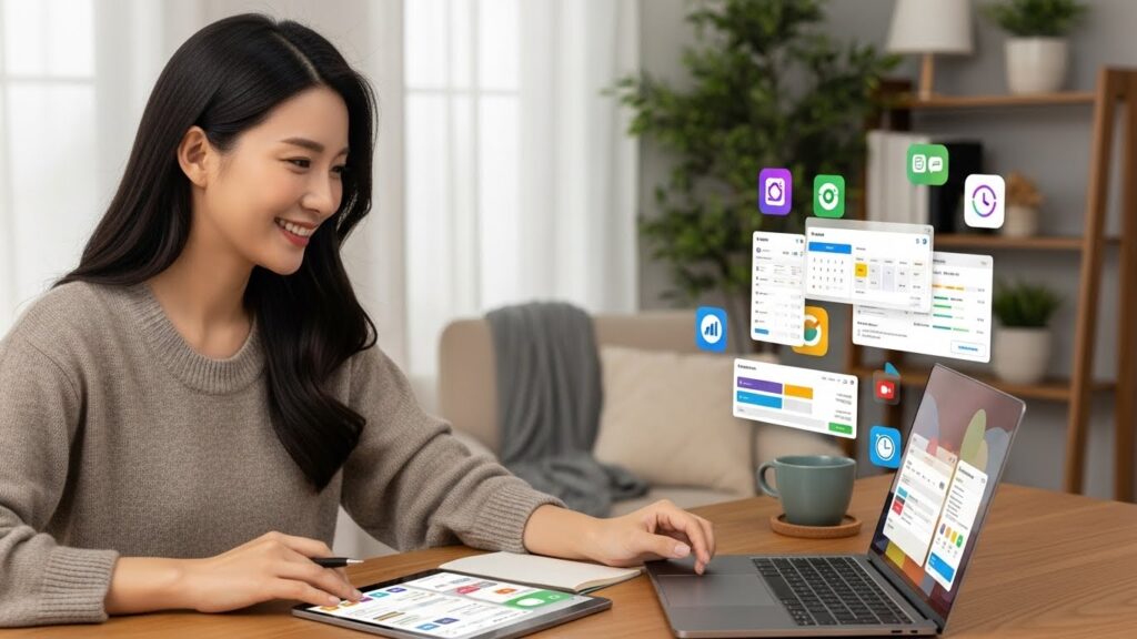 한 한국인 프리랜서가 태블릿과 노트북으로 여러 업무를 즐겁게 관리하고 있습니다. 화면에는 다양한 생산성 앱 아이콘이 표시되어 있습니다. 아늑한 홈 오피스에서 그녀는 체계적인 업무 흐름을 보며 미소 짓고 있습니다.