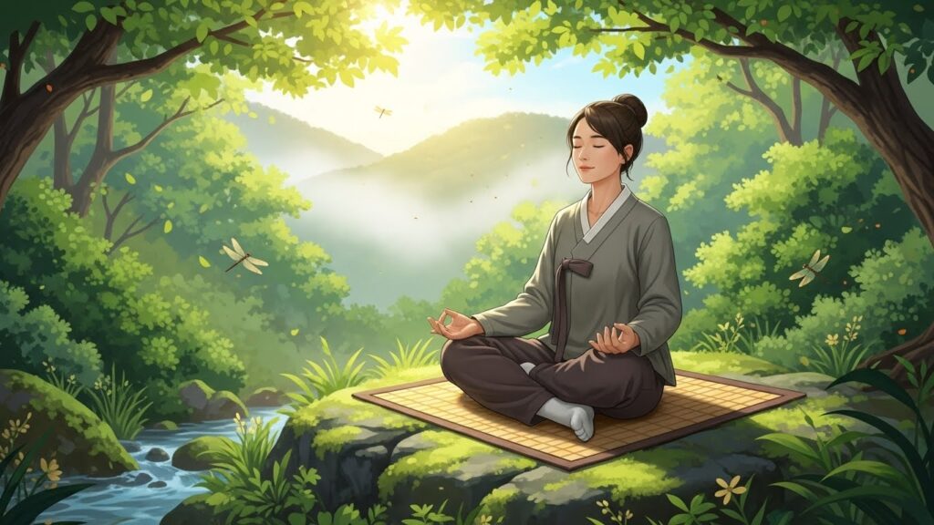 한 한국인이 고요하고 푸른 야외 공간에서 고요히 명상하는 모습은 정신적 안녕과 일로부터의 휴식을 상징합니다. 이 장면은 평화와 활력을 전달합니다.