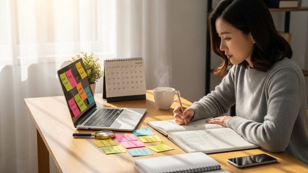 한 한국인 여성이 노트북 앞에 앉아 컬러풀한 포스트잇과 종이 노트를 펼쳐놓고 연필로 신중하게 목표를 작성하고 있는 모습. 주변에는 돋보기, 달력, 커피 한 잔이 놓여 있다. 책상 위는 깔끔하게 정리되어 있으며, 밝은 햇살이 창밖에서 들어온다.