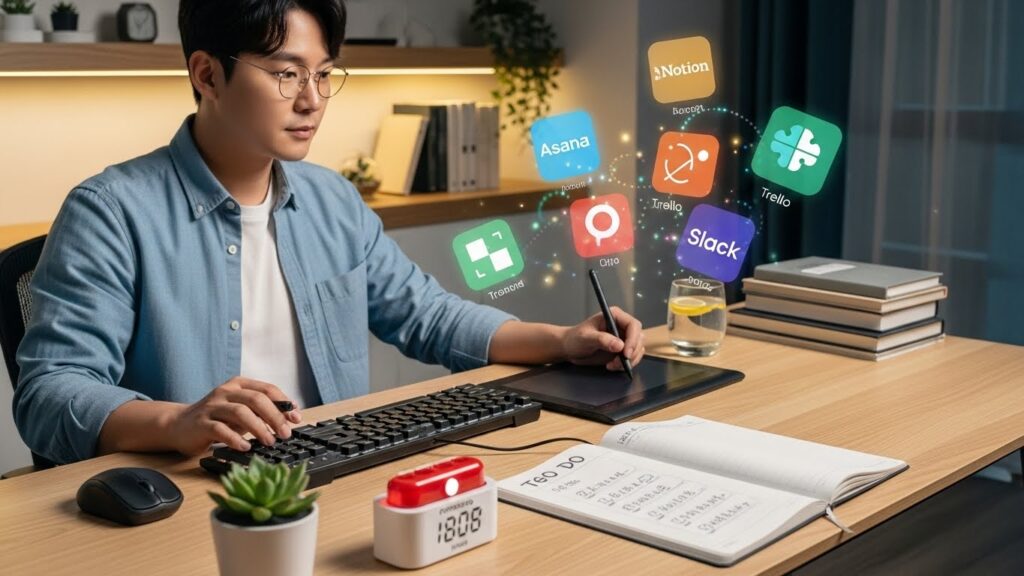 깔끔하게 정리된 책상 위에서 한 한국인 남성이 포모도로 타이머와 할 일 목록이 적힌 수첩을 보며 집중하여 일하고 있는 모습. 배경에는 다양한 생산성 앱 아이콘이 홀로그램처럼 떠 있고, 남자는 깊은 몰입 상태를 보여준다.