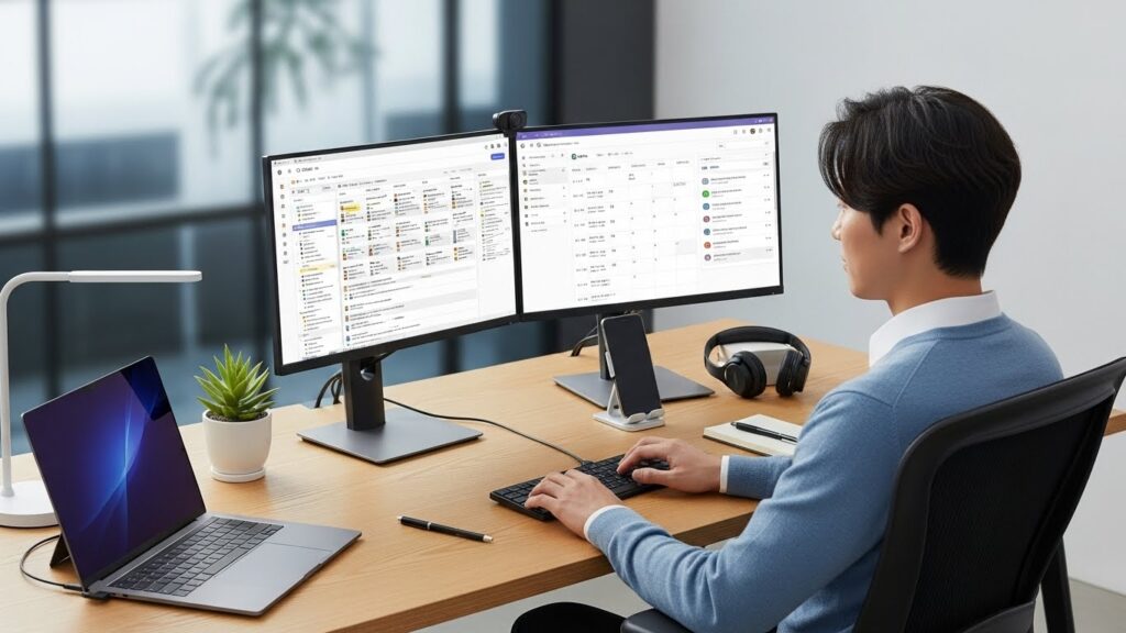 한 한국인 전문가가 듀얼 모니터를 사용하며 효율적으로 업무를 처리하고 있는 모습. 한쪽 모니터에는 프로젝트 관리 툴(예: 노션, 트렐로) 화면이, 다른 쪽에는 달력 및 커뮤니케이션 툴 화면이 보인다. 주변에는 깔끔하게 정돈된 데스크테리어와 스마트 기기들이 놓여 있다.
