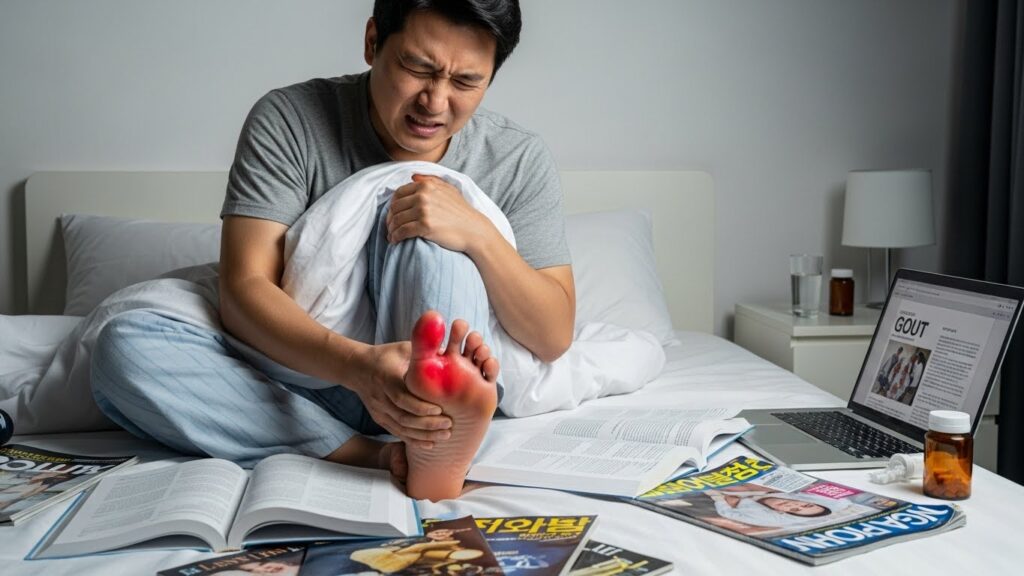한국인 남성이 엄지발가락에 심한 통증을 느끼며 침대에 앉아 있는 모습. 발가락 부위가 붉고 부어 있으며, 남성의 표정은 고통스러워 보인다. 주변에는 의학 서적이나 건강 관련 자료가 놓여 있다.