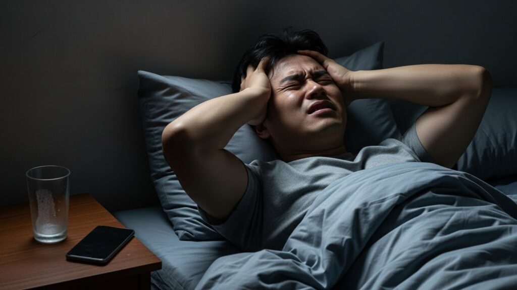 한 한국인 남성이 침대에서 머리를 부여잡고 괴로워하는 모습. 침대 옆 협탁에는 빈 물컵과 스마트폰이 놓여 있고, 방 전체적인 분위기는 어둡고 피곤해 보인다.