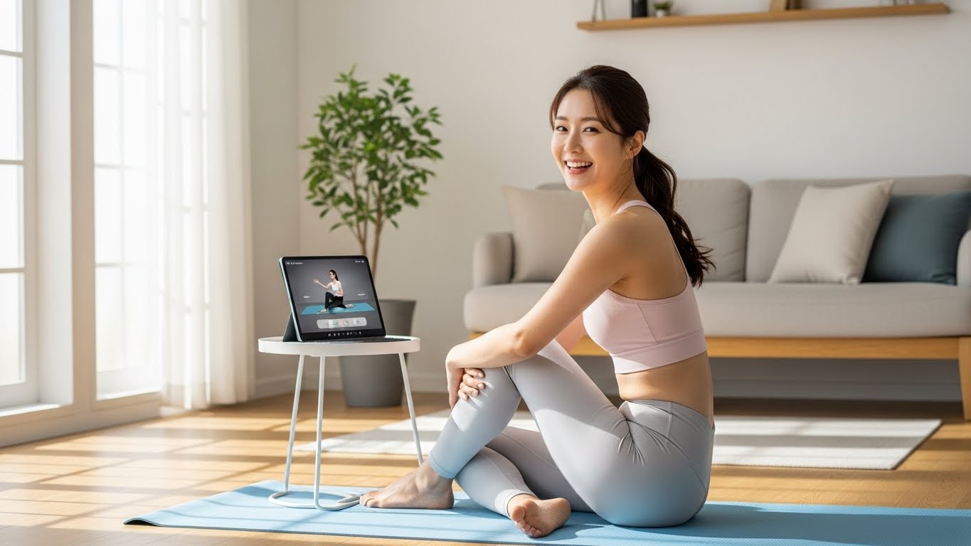20대 후반이나 30대 초반의 한국 여성이 밝은 조명의 현대식 거실에서 요가나 가벼운 운동을 하며 미소 짓고 있습니다. 그녀 앞에는 피트니스 앱이나 온라인 수업이 표시된 태블릿이 놓여 있습니다. 그녀는 편안하고 집중해 보입니다.