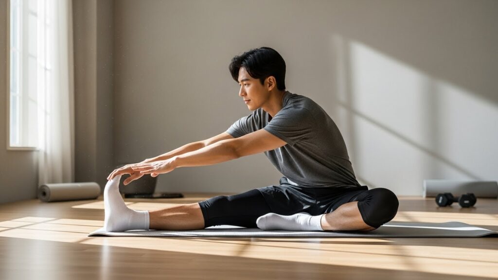 편안한 운동복을 입은 한국 남성이 넓고 미니멀한 홈짐이나 거실에서 햄스트링 스트레칭을 하고 있다. 자세는 정확하고, 표정은 차분하다. 자연광이 쏟아져 들어온다.