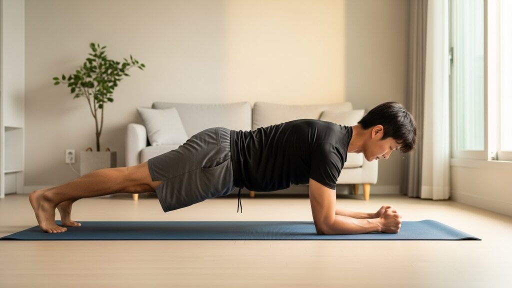 30대 한국인 남성이 깨끗하고 현대적인 가정 환경에서 요가 매트 위에서 완벽한 플랭크 자세를 취하고 있다. 땀방울이 그의 피부에 맺혀 있어 그의 노력이 엿보인다.