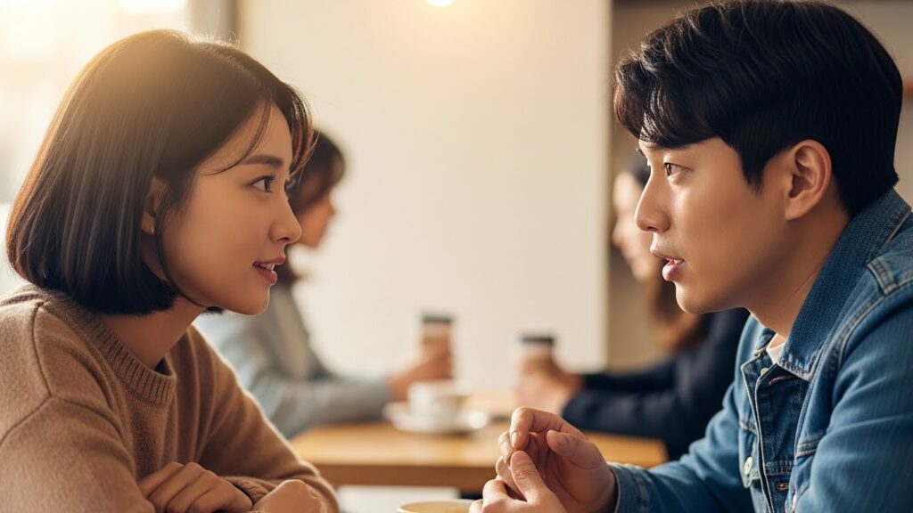 카페에서 한국인 남녀가 깊은 대화를 나누고 있습니다. 여성은 남성이 말하는 동안 몸을 살짝 앞으로 기울이며 주의 깊게 경청하고 있습니다. 두 사람의 이해와 유대감 표현에 집중해 보세요.