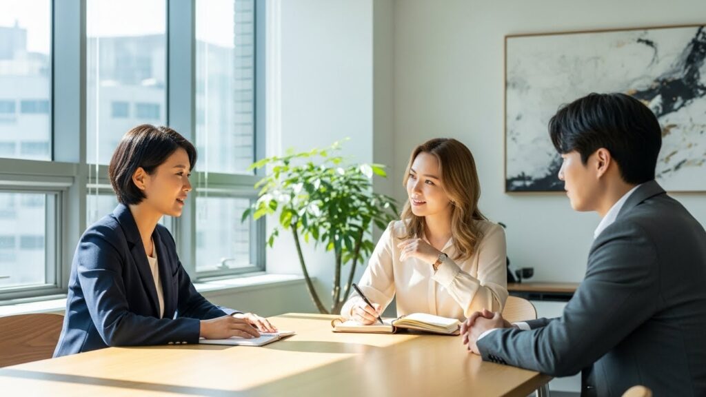 밝고 현대적인 회의실에 두세 명 정도의 다양한 한국 전문가들이 테이블에 둘러앉아 있습니다. 한 사람이 다른 사람에게 건설적인 피드백을 부드럽게 전달하고, 다른 사람은 적극적으로 메모를 하고 있습니다. 협력적이고 서로 지지하는 분위기입니다.