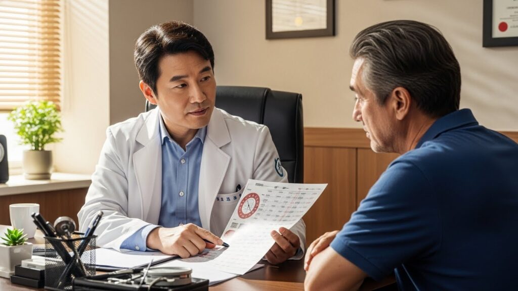 한 한국인 의사가 환자와 마주 앉아 혈압 기록 차트를 보며 진지하게 대화하고 있다. 환자는 안도하는 표정이다.