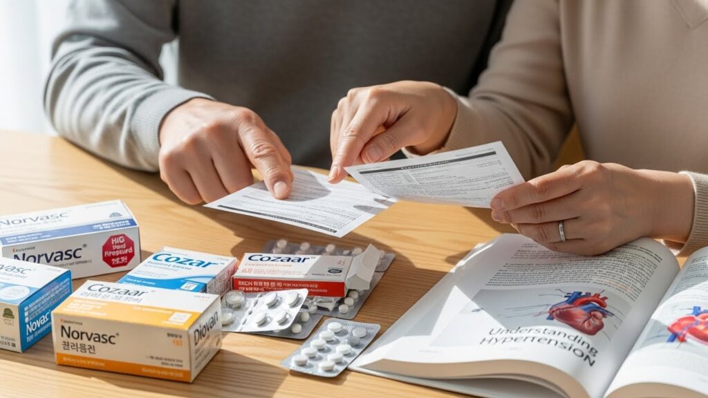 다양한 고혈압 약 포장과 함께 약 복용 정보를 주의 깊게 읽고 있는 한국인 남녀의 손 클로즈업. 약물 설명서와 함께 건강 관련 서적이 놓여 있다.